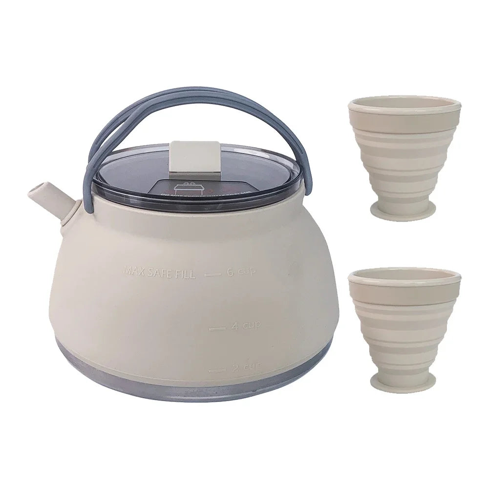 Portable Foldable Silicone Kettle for Outdoor Adventures - Khaki 1 kettle 2 cup image