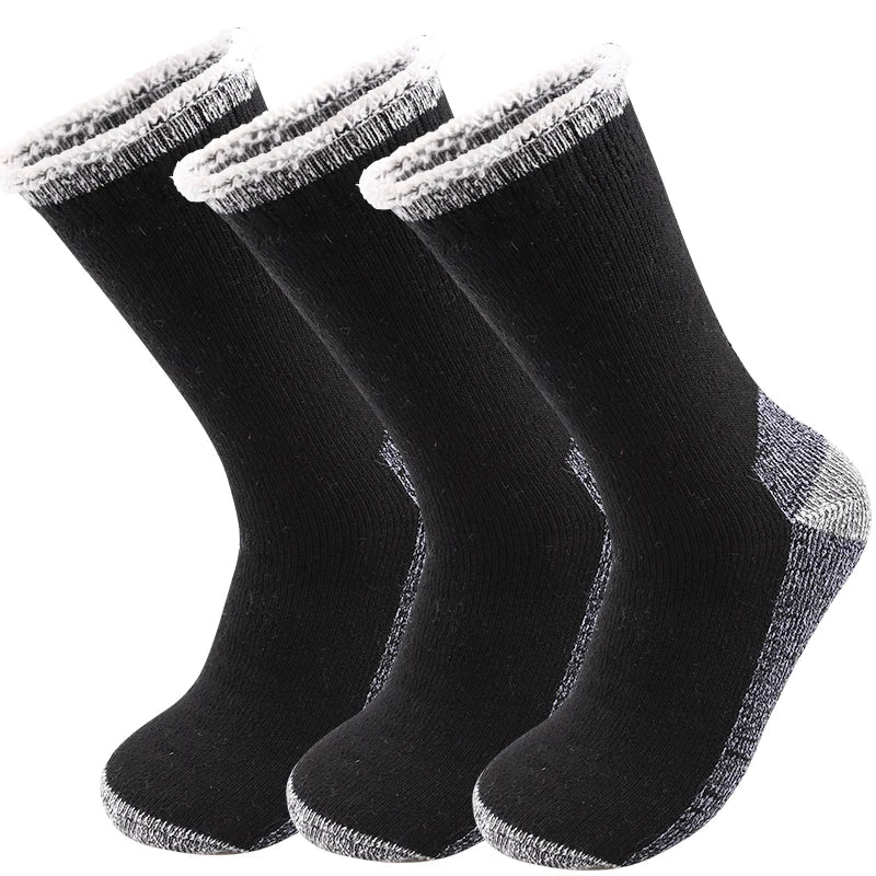 3Pairs Super Thick Merino Wool Socks Male Men Winter Thermal Cashmere Socks Fleece Terry Loop Middle Tube Socks High Quality - One Size, Black image