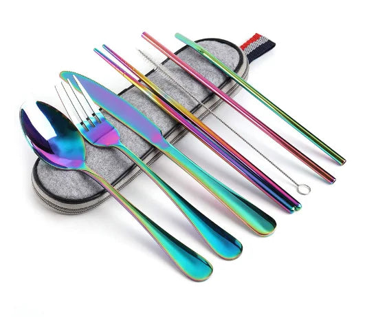 8Pcs/set Tableware Reusable Travel Cutlery Set Camp Utensils Set with stainless steel Spoon Fork Chopsticks Straw Portable case image 6